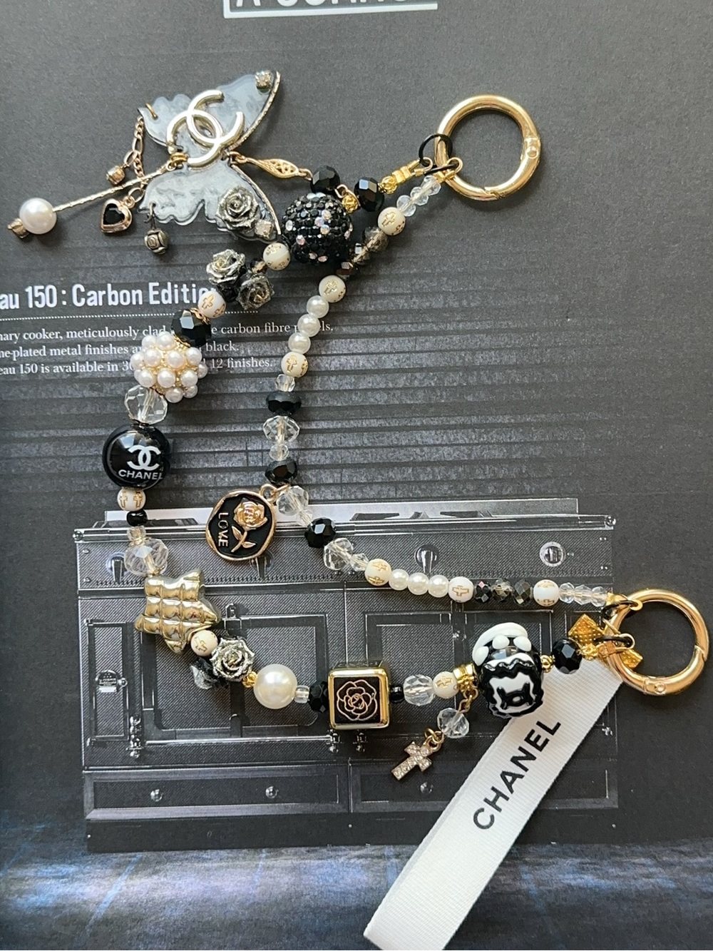 Upcycle CC Ribbons with unbranded Beaded Black & Gold luxury Bag Charm